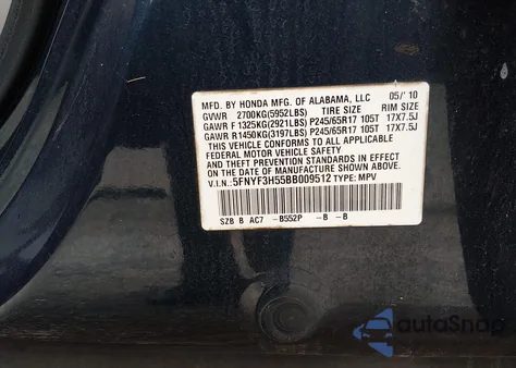 2011 Honda Pilot Ex-L z USA, uszkodzony, nr VIN 5FNYF3H55BB009512